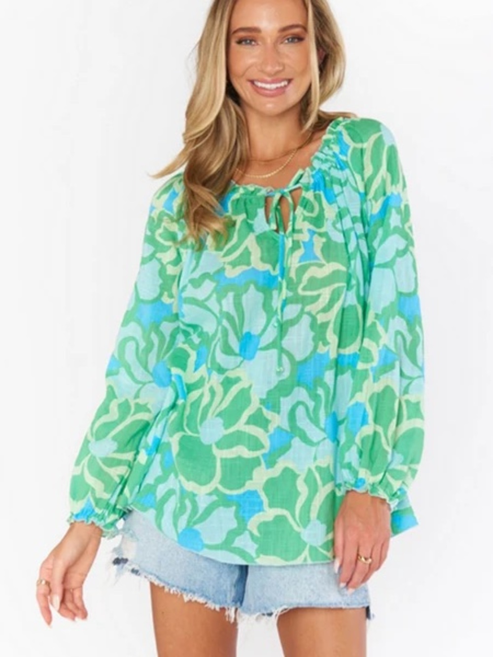 [SMYMM] Margo Cotton Floral Poppy Tie Front Gathered Neck + Sleeve Tunic